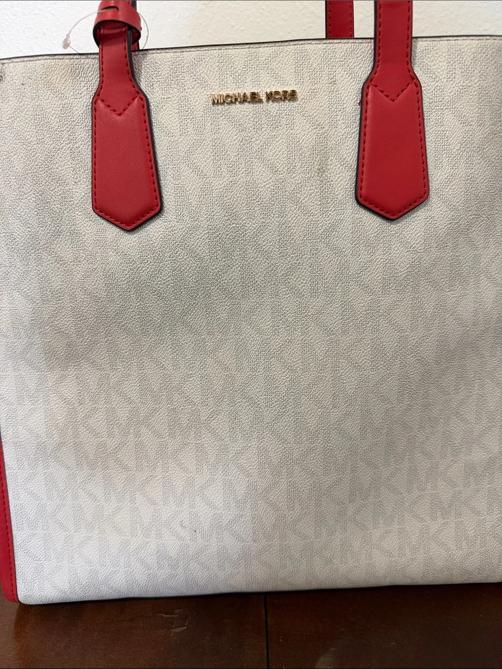 Michael Kors Cream Signature Tote with Red Trim